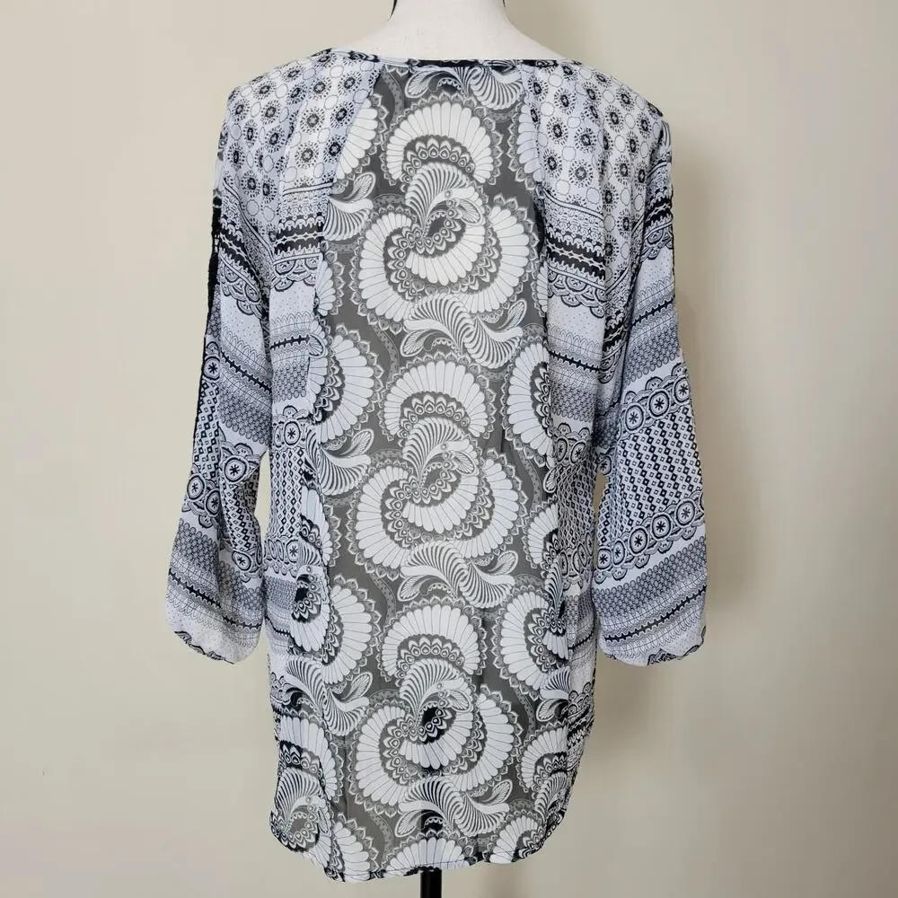 Valerie Stevens M Button Front 3/4 Raglan Sleeve Scoop Neck Lace Blouse Top - Picture 7 of 16